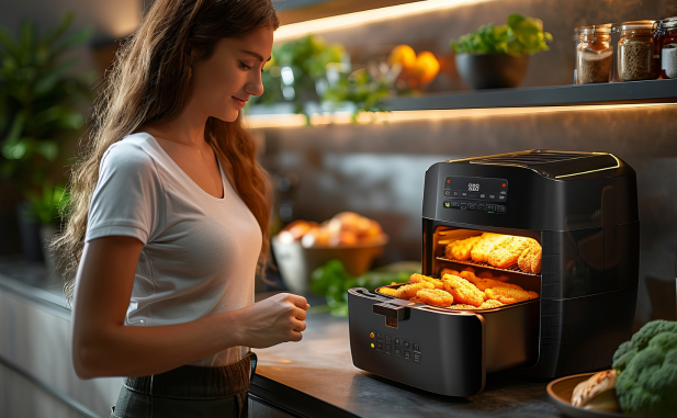 Aceite Squizz de Coosur sobre encimera junto a ingredientes listos para freidora de aire.